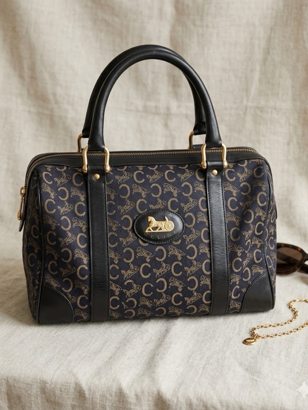 🌟 CELINE Macadam Navy Blue Boston Satchel Bag -  Rare Vintage Iconic Monogram!